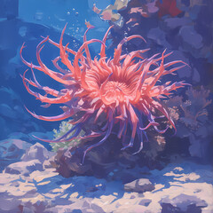 Crimson Splendor: A Vibrant Anemone in its Natural Oceanic Habitat