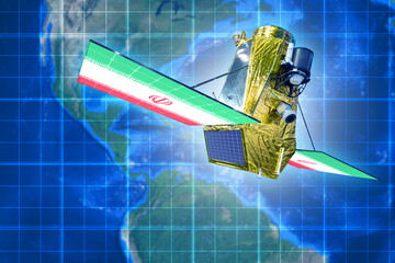 Space communications satellite with Iran flags. Spaceships over planet. Spy satellite in orbit....