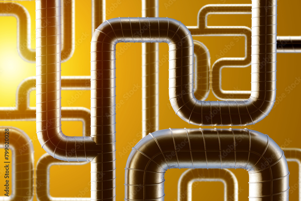 Poster background with pipes. industrial pipeline. tangled pipes on yellow. ventilation system pipeline. in
