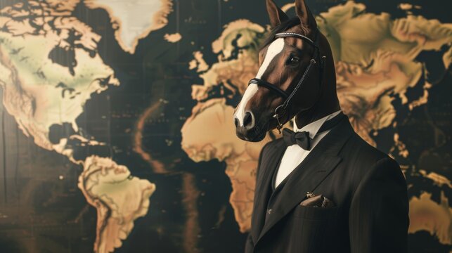 Distinguished Horse Diplomat Surveying the Horizon. A stately horse dons a diplomat's attire, gazing into the distance against world map, symbolizing leadership and global affairs.