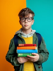 A child with glasses, holding a stack of colorful books against a two-tone background. The child's serious expression and academic attire suggest a focus on education and learning.