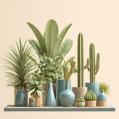 Efflorescent Collection of Plants and Flowers in Colorful Ceramic Vases for Indoors