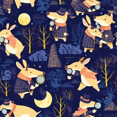 Detective aardvarks adorned in hats and coats, magnifying clues under a moonlit sky, are whimsically arranged in this seamless pattern background, ideal for storytelling wallpaper.