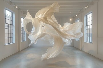 Large white fabric sculpture that appears to be floating in a large white room with windows - obrazy, fototapety, plakaty