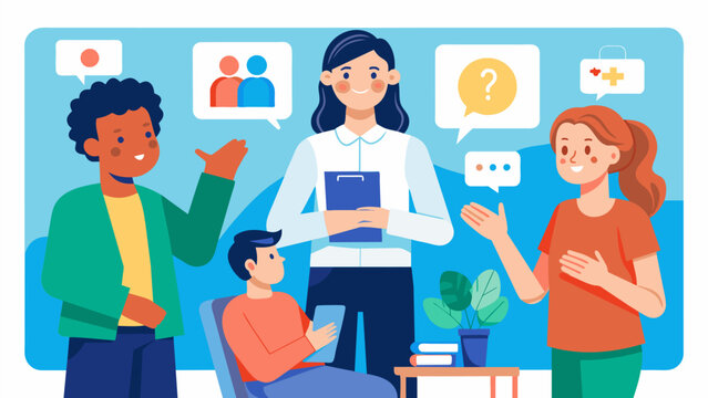 A nonverbal speech pathologist works closely with patients who have difficulty communicating using alternative communication ods such as sign language. Vector illustration
