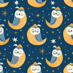 Sleepy owls in nightcaps perched on crescent moons amidst stars and night skies, forming a tranquil seamless pattern, perfect for bedroom wallpaper or calming textile designs. - obrazy, fototapety, plakaty