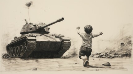 Young boy standing next to smoking tank in black and white drawing, symbol of war, conflict and danger