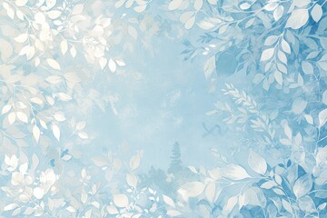 A light blue wall with white leaves and foliage shadows, creating an elegant pattern that evokes the beauty of nature. 