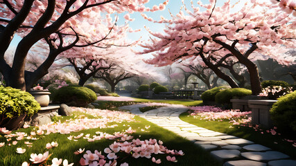 A tranquil garden filled with blooming cherry blossoms, their delicate pink petals drifting gently in the breeze