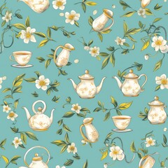 An assortment of traditional teapots displaying diverse patterns and colors, set against a soft pastel-hued background with a hint of nostalgia and elegance. Seamless pattern wallpaper background.