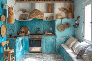 A beautiful kitchen with blue walls and a rustic feel. There is a stove, oven, and sink, as well as a seating area with a daybed. The kitchen is decorated with woven baskets and other natural material