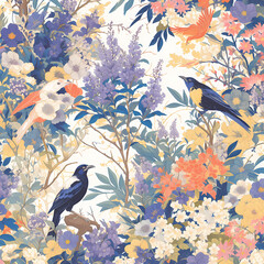 Exquisite Birdsong: A Nature-inspired Pattern with Colorful Flowers and Perching Songbirds for Textiles, Stationery, or Print Design