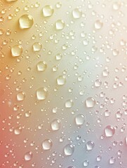 Raindrops on a window with a blurred pastel background.