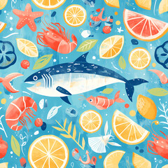 An enticing seafood pattern with a vibrant and refreshing summer vibe