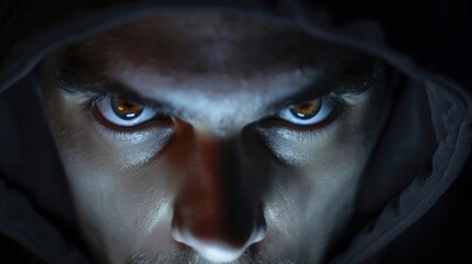 The striking close-up captures the fierce intensity in a hooded man's eyes, reflecting a blend of mystery and determination in low light.