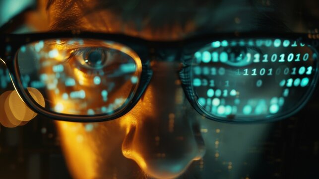 Intense close-up of a hacker's eyes reflecting a cryptic computer code, representing focused cyber expertise and the penetrating gaze of digital surveillance.