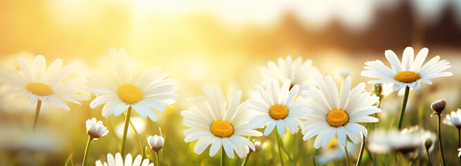Field of daisies or chamomile on a blurred field background