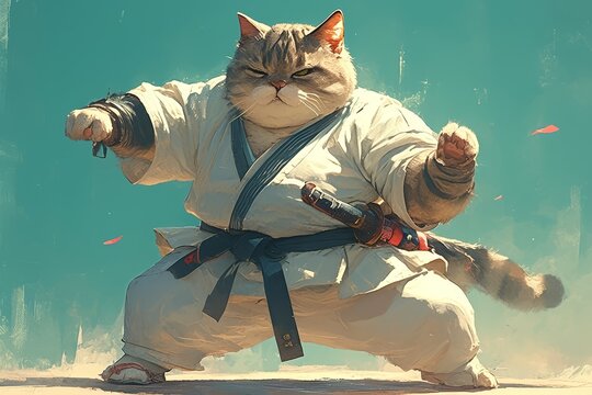 obese cat dressed in karate attire, performing traditional martial arts moves with grace and power. 