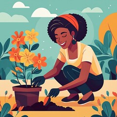 Happy Young Woman Planting a Flower in the Garden - obrazy, fototapety, plakaty