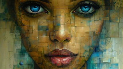 A mosaic of a woman's face with bright blue eyes. - obrazy, fototapety, plakaty