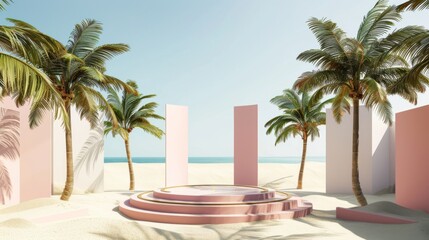 Fototapeta premium A serene desert oasis scene with a stylish podium, flanked by lush palm trees against a backdrop of sand and sky, presenting a tranquil and elegant display space.