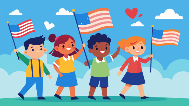 In the midst of the parade these kids stand out with their bright fluttering flags as they wave them with all their patriotic pride.. Vector illustration