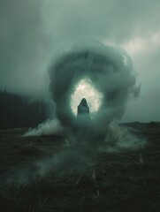 Craft a surreal scene where a wideangle pouf morphs into a spectral figure, surrounded by mist and shadows, evoking a sense of mystery and supernatural allure in a photorealistic style - obrazy, fototapety, plakaty