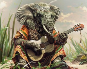 Illustrate a detailed, realistic image of an African Elephant playing a guitar with intricate digital techniques Transport them to a mystical place filled with wonder and excitement - obrazy, fototapety, plakaty