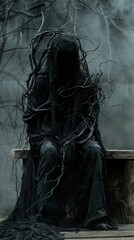 Transform a birdseye view bench into a sinister ghostly figure draped in ethereal mist, with twisted branches for arms and a shadowy, haunting presence Utilize a dark color palette to evoke fear - obrazy, fototapety, plakaty