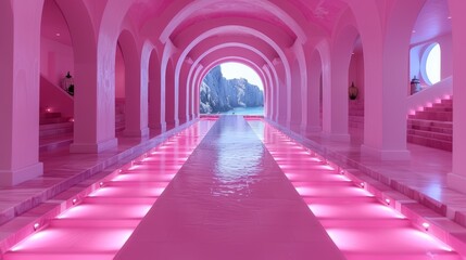   A long hallway houses a mid-positioned pool; pink lighting adorns its end
