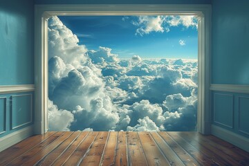 A room with a door open to the sky. - obrazy, fototapety, plakaty