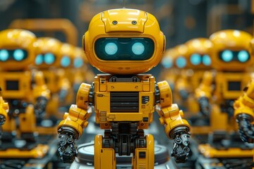 A small yellow robot with blue eyes stands in front of a group of similar robots. - obrazy, fototapety, plakaty