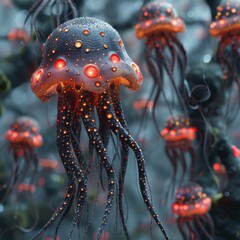 A swarm of glowing jellyfish in the deep sea. - obrazy, fototapety, plakaty