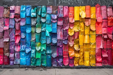 A wall of multicolored barrels cut in half and arranged in a staggered pattern.