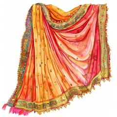 A delicate watercolor illustration of an Indian sari, featuring traditional embroidery and bright, festive colors, isolated on a white background - obrazy, fototapety, plakaty