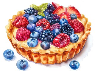A delicate watercolor illustration of a colorful fruit tart, with fresh berries and a glossy custard filling, bright and tempting, isolated on a white background - obrazy, fototapety, plakaty