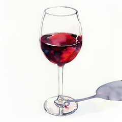 A minimalist watercolor painting of a glass of red wine, capturing the deep hues and subtle reflections, elegant and simple, isolated on a white background - obrazy, fototapety, plakaty