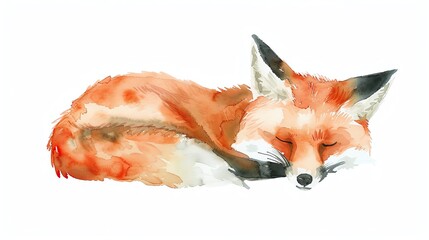 A minimalist watercolor illustration of a sleeping fox, with subtle shades and soft lines, isolated on a white background - obrazy, fototapety, plakaty