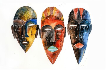 A minimalist watercolor painting of African tribal masks, with bold shapes and striking contrasts, simple yet powerful, isolated on a white background - obrazy, fototapety, plakaty