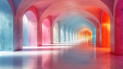   This image depicts a hallways in a building with walls painted pink, blue, and orange