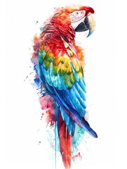 A vibrant watercolor masterpiece featuring a tropical parrot, displaying brilliant feathers in a multitude of colors against a pristine white backdrop. teal, pink, lime, and yellow