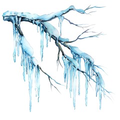 A watercolor depiction of a frosty winter morning, with icicles hanging from branches and a pale, icy blue sky, isolated on a white background - obrazy, fototapety, plakaty