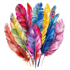 A vibrant watercolor painting of assorted tropical bird feathers, featuring bright and bold colors, isolated on a white background - obrazy, fototapety, plakaty