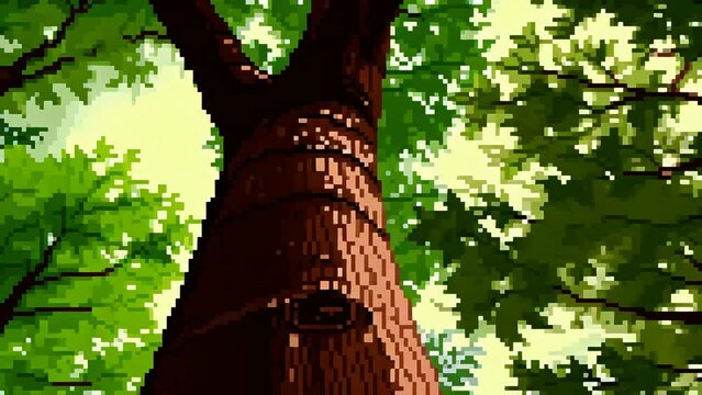 Sunlit Pixel art Forest - tree trunk, lush green foliage, serene, natural atmosphere, 4K animation 