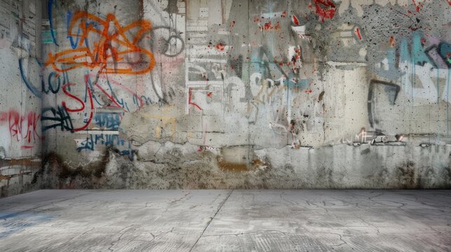 A gritty urban scene with a textured concrete wall adorned with vibrant graffiti, standing behind a weathered concrete podium, invoking a raw, street art atmosphere.