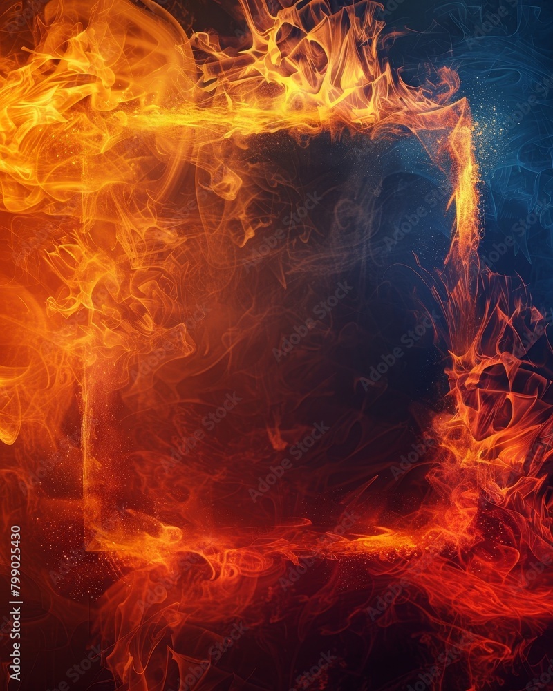 Wall mural A rectangular frame of intense, glowing flames on a dark background, creating a powerful and dramatic visual impact.