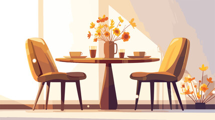 Modern chairs at wooden round table with flower bou