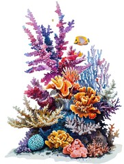 An artistic watercolor depiction of a coral reef, showcasing a variety of corals and small fish in bright, lively colors, isolated on a white background