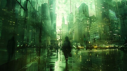   A woman navigates a rain-soaked city street, tall buildings flanking her path on both sides