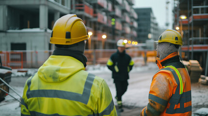 group of construction workers, standing discussing on industrial site